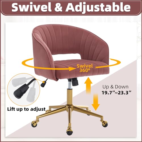 Desk Chair with Wheels, Gold Base, Velvet Accent Vanity Armchair, Rose Red | Spacious‌ Soft Seat, Swivel Height Adjustable, Rocking Function, Modern Stripe for Girls &Women Bedroom Makeup or Nail - color: Rose Red Velvet