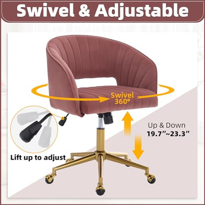 Desk Chair with Wheels, Gold Base, Velvet Accent Vanity Armchair, Rose Red | Spacious‌ Soft Seat, Swivel Height Adjustable, Rocking Function, Modern Stripe for Girls &Women Bedroom Makeup or Nail - color: Rose Red Velvet