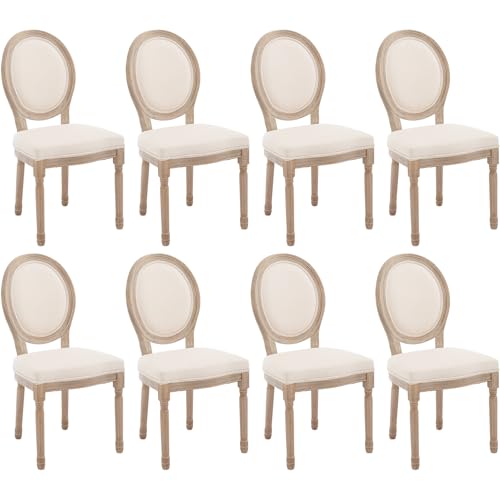 Kmax Farmhouse Dining Room Chairs, Brown Wood Legs Elegant Tufted Kitchen Chairs, French Distressed Bedroom Chairs with Round Back, Set of 8, Beige - color: Antique Brush-fabric-beige, size: 8 Chairs