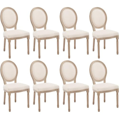 Kmax Farmhouse Dining Room Chairs, Brown Wood Legs Elegant Tufted Kitchen Chairs, French Distressed Bedroom Chairs with Round Back, Set of 8, Beige - color: Antique Brush-fabric-beige, size: 8 Chairs