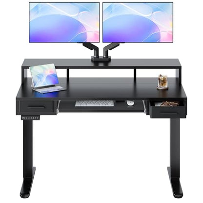 HUANUO 48″ x 26″ Electric Standing Desk with 2 Drawers &24.4″ Large Keyboard Tray, C-Clamp Mount Compatible, Adjustable Computer Desk for Office, Sit Stand Up Desk with 4 Height Presets, Black - color: Black, size: 48*26 inch