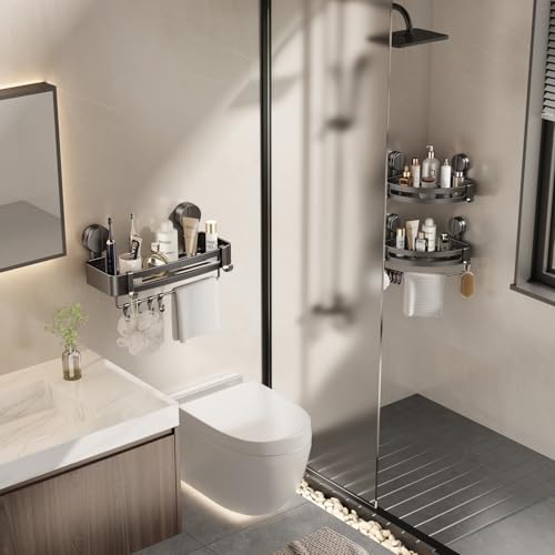 Corner Shower Caddy Suction Cup, 2 Pack Shower Shelves No Drilling, Showers Organizer Storage with Towel Bar & Removable Hooks, Bathroom Shower Shelf Rack for Inside Showers