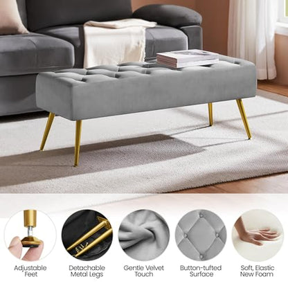 Yaheetech 45in Upholstered Velvet Ottoman Bench Seat with Gold Legs, Gray | Tufted Upholstered Bench Seat, Bed Bench with Tapered Gold Metal Legs, Sized for Window Seat Entryway Living Room - color: Grey