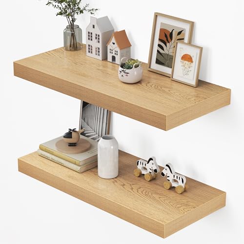 Dreamland 32" Floating Shelves for Wall, 12" Deep Thicker Oak Floating Shelves, Wall-Mounted Shelves for Bedroom, Living Room, Kitchen, Bathroom - Set of 2 - color: Oak, size: 32"W x 12"D x 2"H, Set of 2