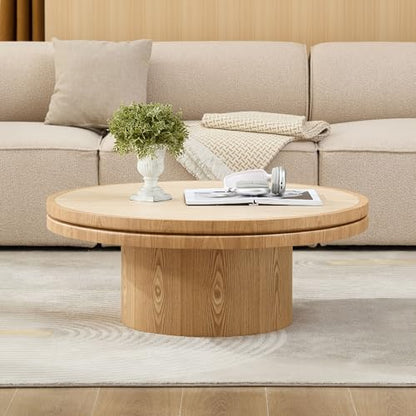 JUSTONE 35.43''Round Fluted Coffee Table,Farmhouse Wood Coffee Table for Living Room Apartment,Easy Assembly,Oak(ø35.43'' x 13.78'') - color: 31.49'' Round - Oak