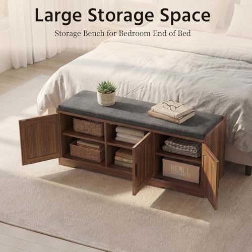 39.4" Shoe Storage Bench with Seating Cushion, Fluted 2-Tier Entryway Bench with 3 Doors & Adjustable Shelves, Shoe Cabinet Bench for Entryway, Hallway, Bedroom and Living Room - color: Walnut