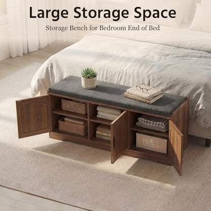 39.4" Shoe Storage Bench with Seating Cushion, Fluted 2-Tier Entryway Bench with 3 Doors & Adjustable Shelves, Shoe Cabinet Bench for Entryway, Hallway, Bedroom and Living Room - color: Walnut