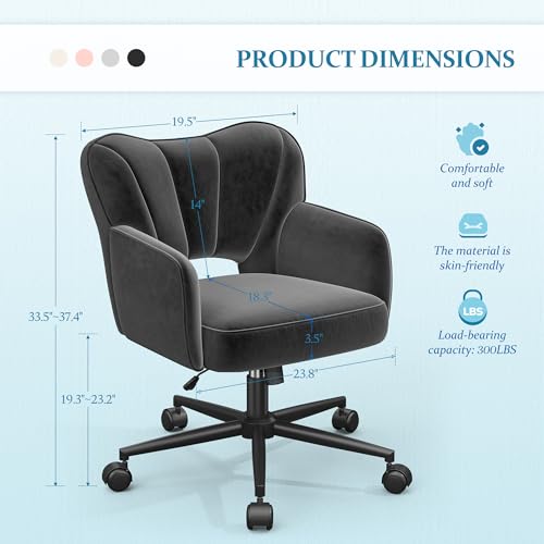 DurayLoly Velet Vanity Chair with Wheels & Shell Back | 360° Swivel Desk Chair,Adjustable Height,Stylish and Comfortable for Makeup, Work & Relaxation,Black - color: Black