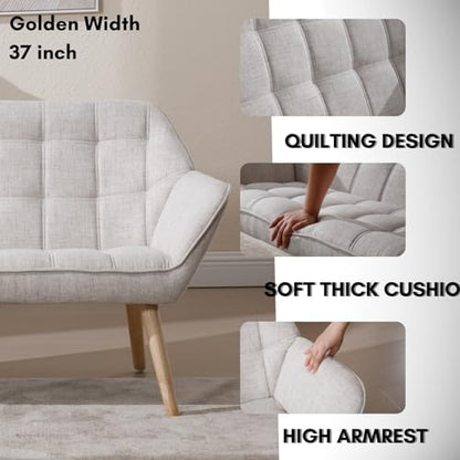 48”Small Loveseat Sofa, Modern Linen Upholstered Mini Couch 2-Seater Fluffy Love Seat with Quilting Backs and Wood Legs for Small Space Living Room, Bedroom, Beige - color: Oatmeal, size: Loveseat