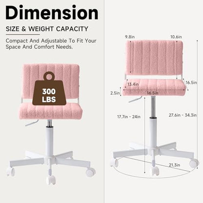 Office Chair Vanity Chair with Wheels | Comfy Desk Chair with Back | Cute Teddy Armless Adjustable Swivel Chair | Small Vanity Stool | for Bedroom Home Computer Task | Pink - color: Pink