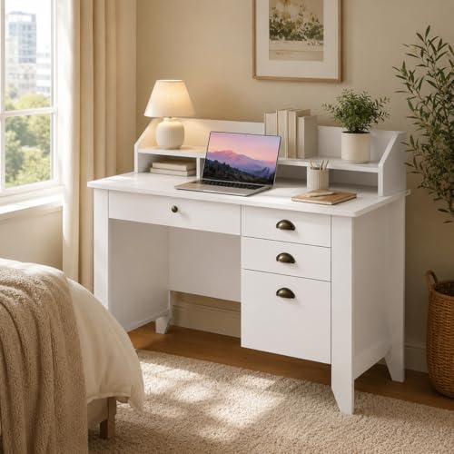 4 EVER WINNER White Desk with Drawers, 47'' Small Desk with File Drawer for Small Spaces, Wood Computer Desk with Monitor Stand for Home Office, Bedroom, White - color: White