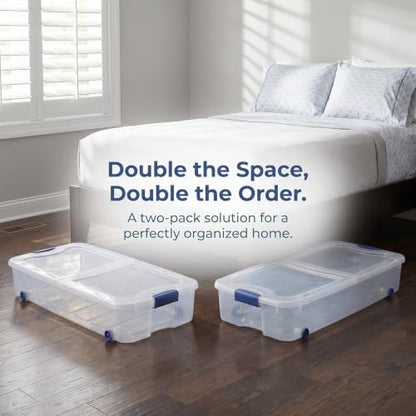 Under Bed Storage Bin 66 Quart, Clear Rolling Container with Wheels & Lid (2 Pack) - size: 2 Pack