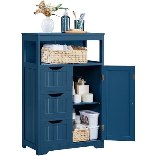 Yaheetech Small Bathroom Storage Cabinet with 3 Drawers, Navy Blue | Slim Floor Cabinet Organizer for Bathroom, Living Room or Entryway, Beadboard Fronts, an Open Cubby, Adjustable MDF Shelf - color: Navy Blue, size: 12"D x 22"W x 34"H