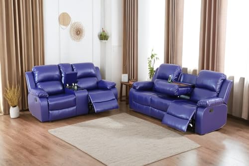 A Ainehome Living Room Furniture Set Leather Recliner Sofa Set Loveseat Chair Furniture Sofa Set for Living Room/Small Space/Rv/House/Office/Theater Seating (A-Blue Leather, Sofa+Loveseat) - color: A-blue Leather, size: Sofa+Loveseat