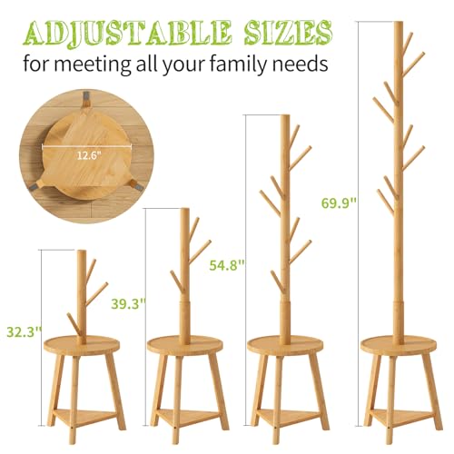 BMOSU Coat Rack freestanding Stand with 2 Shelves Bamboo Wooden Coat Tree Easy Assembly 8 Hooks Standing Jackets Hanger Hallway Office Floor Coat Stand Nature - color: NATURE