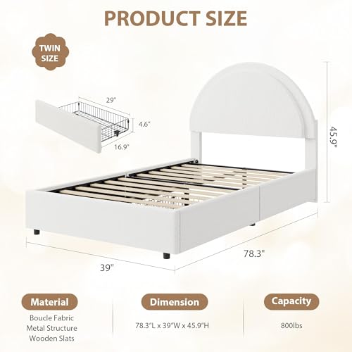 Garvee Twin Size Bed Frame with Storage Drawers, Upholstered Boucle Platform Bed with Round Headboard, Heavy Duty & Noise Free, No Box Spring Needed, White | Round Headboard, Heavy Duty & Noise Free, No Box Spring Needed - color: White, size: Twin