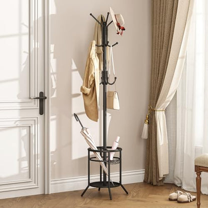 ELYKEN Coat Rack Freestanding, Metal Coat Rack with Umbrella Holder | 12 Hooks, Round Base, Heavy Duty Floor Standing Coat Tree for Entryway, Hallway, Living Room, Bedroom, Office, Black - color: Black