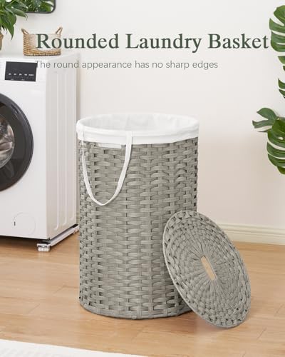 SETVSON Large Laundry Hamper Laundry Basket with Lid, Round PE Rattan, Gray | 130L Large Woven Basket with Lid, Removable Washable Liner Bag, 2 Mesh Laundry Bags, Foldable Long Side Handles - color: Gray, size: 130 L