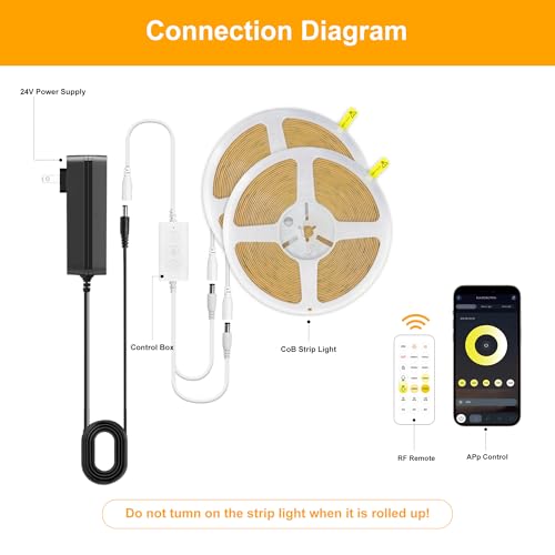 Pandery COB LED Strip Light,CCT Dimmable Strips Light,2700K-6500K,65ft/20m,8mm Wide,CRI90+ 24V LED Strips Kit with Bluetooth APP Control/Music Mode,for Bedroom,Kitchen,DIY Lighting - size: 65FT