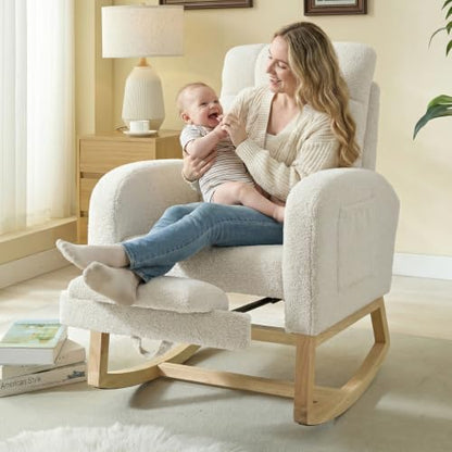 NIOIIKIT Modern Nursery Rocking Chair, Teddy Upholstered Rocking Chair with Footrest, Comfortable Rocker Chair with Side Pocket, Rocker Chair for Living Room, Bedroom, Nursing Room (White) - color: White
