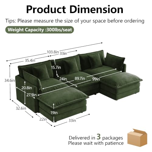 3 Seater Sectional Sofa,103.8 inch U-Shape,Green | Chenille Deep Seat Sofa with Pillow for Living Room, Bedroom and Apartment - color: Green, size: 103.8Inch-U
