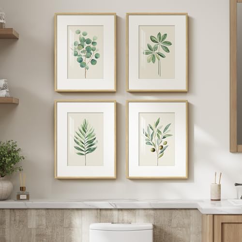 Framed Sage Green Botanical Wall Art for Bathroom, 4 Piece Farmhouse Minimalist Plant Artwork for Walls, Boho Green White Leaf Pictures Prints for Bedroom Kitchen Living Room Wall Decor, 11x14 Inch - color: Green and White, size: 11" W x 14" H x 4 pcs
