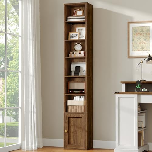 7-Tier Tall Narrow Bookshelf with Door, 70.9 Inches CD DVD Slim Media Tower Rack with Storage Cabinet, Adjustable Shelves, Skinny Bookshelf Display Bookcase for Home Office, Walnut - color: Walnut
