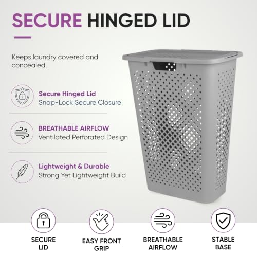 Superio 45L Slim Laundry Hamper with Lid, Perforated Plastic Clothes Basket, Modern Space-Saving Design, Sturdy Laundry Bin with Ergonomic Handles, Grey - color: Grey, size: 1 Pack, style: Laundry Hamper - 45L