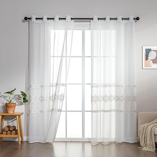 SLEEP ZONE Sheer Curtains for Living Room and Bedroom, Embroidered Sheer Curtains White Sheer Curtain 42 × 95 inches Long of 2 Panels, Off-White Lattice - color: White Lattice, size: 42"W×95"L
