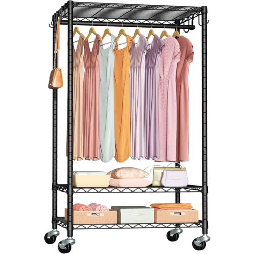 Rolling Clothes Rack, Clothing Racks for Hanging Clothes, Black | P6 Heavy Duty Garment Rack with Wheels, 3 Tier Freestanding Portable Closet Rack with Shelves, 35.5 In Wide, Max Load 380 LBS - color: Black, size: P6