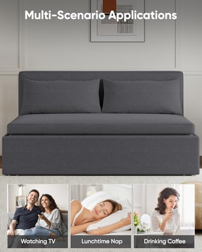 64.2" Queen Size Pull Out Sofa Bed，3-in-1 Linen Convertible Sleeper Sofa Bed,Loveseat Pullout Bed with Pillows and Tri-fold Mattress for Small Space/Bedroom,Dark Grey - color: Dark Grey, size: Queen