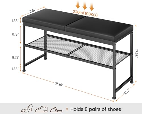 DAOUTIME Shoe Rack Bench, 2-Tier Shoe Storage Organizer with PU Seat Cushion, Entryway Bench with Height-Adjustable Metal Mesh Shelves, Modern Bench Seat for Bedroom Living Room Hallway Foyer, Black