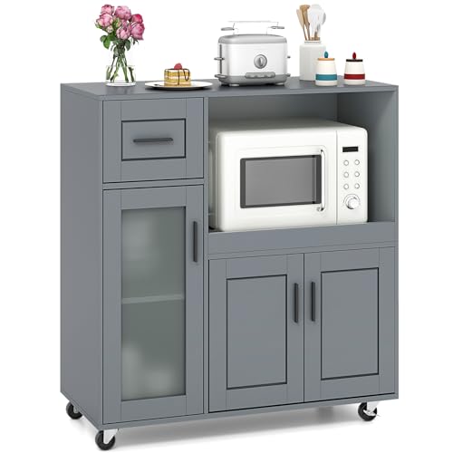 Giantex Kitchen Island Cart with Storage, Rolling Island Table with Drawer, Glass Door, Adjustable Shelf, Bar Coffee Microwave Cart On Wheels for Dining Room, Grey