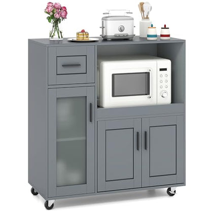 Giantex Kitchen Island Cart with Storage, Rolling Island Table with Drawer, Glass Door, Adjustable Shelf, Bar Coffee Microwave Cart On Wheels for Dining Room, Grey
