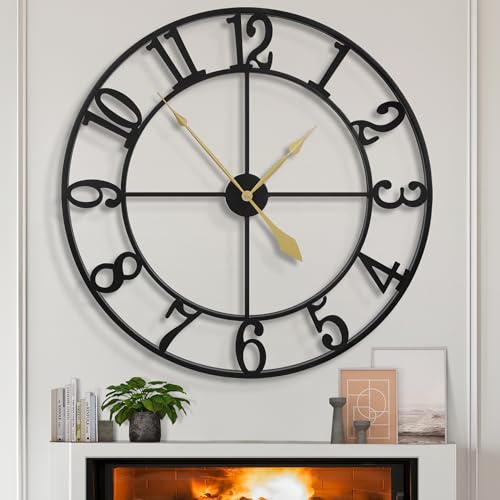 LEIKE Extra Large Wall Clocks,Silent Little Ticking,Battery Operated Vintage Round Modern Metal Wall Clock for Living Room, Bedroom,Farmhouse,Office Home Decor-32 Inch(Black-Arabic Number) - color: Black Metal-arabic Number, size: 32 IN