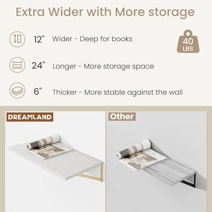 Dreamland Wall Mounted Floating Shelves Set of 2, 24x12, White&Gold | Engineered Wood, Visible Bracket, Large Storage, Hold Up to 50lbs, Living Room, Bathroom, Bedroom, Kitchen - color: White&gold, size: 24"W x 12"D