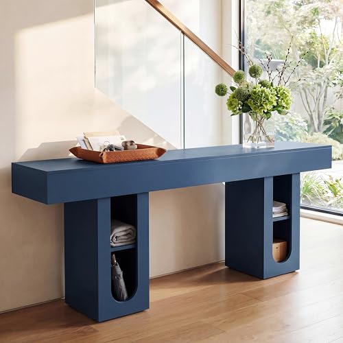 Console Table with Outlet, Entryway Table, Sofa Table with Storage Shelves, 63 Inch Hallway Table, Blue MDF Behind Couch Table for Living Room - color: Blue