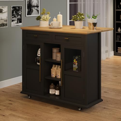 GAOMON 41" Rolling Kitchen Island Cart with Drop Leaf - Mobile Storage Cart 41" W x 16" D, Expandable Kitchen Island for Small Spaces, Farmhouse Style for Dining Room & Kitchen (Black and Natural)