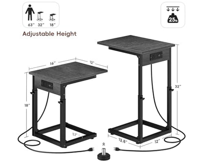 C Shaped End Table with Charging Station, 33" Tall Side Table for Couch, Adjustable Height C Table End Table, Couch Table Slide Under Sofa Table TV Tray Table for Living Room, Gray Walnut - color: Gray Walnut, style: Charging Station