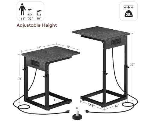 C Shaped End Table with Charging Station, 33" Tall Side Table for Couch, Adjustable Height C Table End Table, Couch Table Slide Under Sofa Table TV Tray Table for Living Room, Gray Walnut - color: Gray Walnut, style: Charging Station