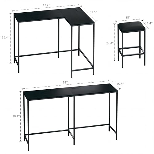 Bar Table and Chairs Set, 63'' L-Shaped Bar Table with 2 Stools, Counter Height Kitchen Table with Built-in Power Outlets, Left/Right/Straight Convertible Design, Faux Leather Upholstered Seating - color: Black