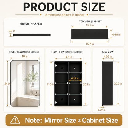 16x24 Black Medicine Cabinet with Mirror, Recessed & Surface Mount | Bathroom mirror with storage: 6 adjustable shelves fit tall bottles; DTC soft-close hinges; rust-resistant aluminum - size: 16" x 24"
