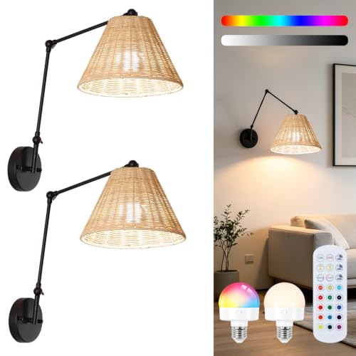 Wireless Rattan Wall Sconce Set of 2, Battery Operated Wall Sconces set of Two, Black Adjustable Swing Arm Wall Lamp, Farmhouse Vintage Rechargeable Bedside Light for Bedroom, Reading, Study Room - color: Black