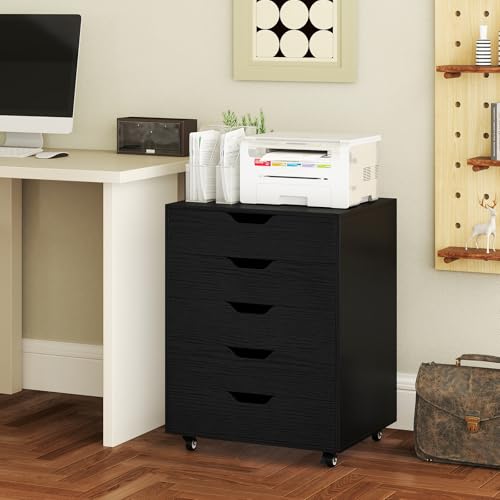 MAT EXPERT 5-Drawer Dresser, Mobile File Cabinet on Wheels, Wood Rolling Storage Drawers Under Desk, Chest of Drawers Home Room Organizer Furniture, Storage Cabinet for Study Office (Black) - color: Black