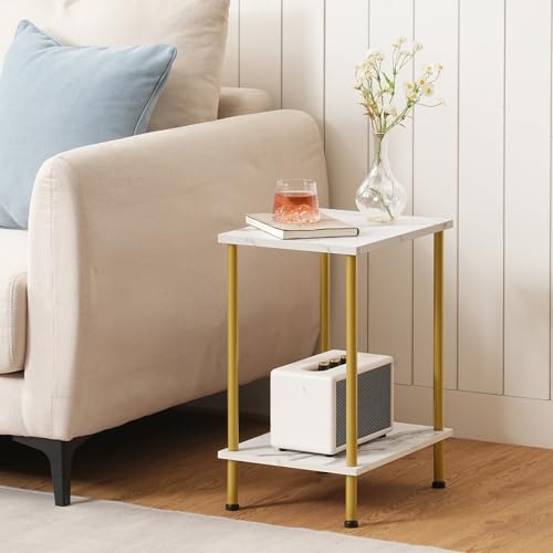 HOOBRO End Table, Small Side Table, Nightstand with 2-Layer Storage Shelves, Sofa Table for Small Spaces, Living Room, Bedroom, Stable Frame, Easy Assembly, Gold and Marble DM09BZ01 - color: Marble + Gold