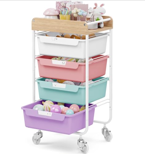 SYKIARIOL Rolling Utility Storage Cart,4 Labeled Ice Cream Colored Drawers | Art Craft Sewing Study Organizer Cart with Wooden Tabletop,for Crafters,Artists,Sewing enthusiast,Kids,Teachers,Students - color: Ice Cream, size: 4-Drawer
