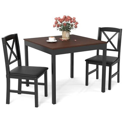 GOFLAME 3-Piece Dining Table Set for 2, Wooden Square Kitchen Table with 2 Upholstered Chairs, Space-Saving Dining Room Furniture Set for Dining Room, Breakfast Nook, Small Space, Brown & Black - color: Brown & Black