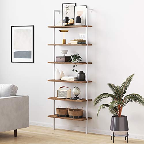 Nathan James Theo 6-Shelf Tall Bookcase, Wall Mount Bookshelf with Natural Wood Finish and Industrial Metal Frame, Rustic Oak/White - color: Oak/Matte White, size: 1