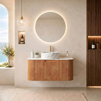 30” Floating Bathroom Vanity with Sink, Fluted Wall-Mounted Solid Wood Cabinet, Marble-Pattern Ceramic Round Basin, Faux Marble Top, Soft-Close Drawer, Pre-Assembled, Natural Woodgrain - color: 01 - Natural Woodgrain, size: 30"