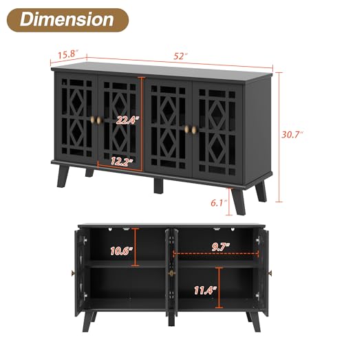 52'' Modern Buffet Cabinet with Hollow-Carved Doors for Living Room, Black | Large Coffee Bar Station for Dining Room and Kitchen, Wood Sideboard Table with Adjustable Shelves, Elegant Storage Cabinet - color: Black, size: Large